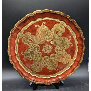 Vintage Florentine Wood Tray Red Gold Gilded Italian Round Scalloped 12 "